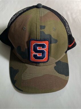 Nike Syravuse Camo Trucker Hat with Orange & Navy 'S' Patch gameday college Gorp